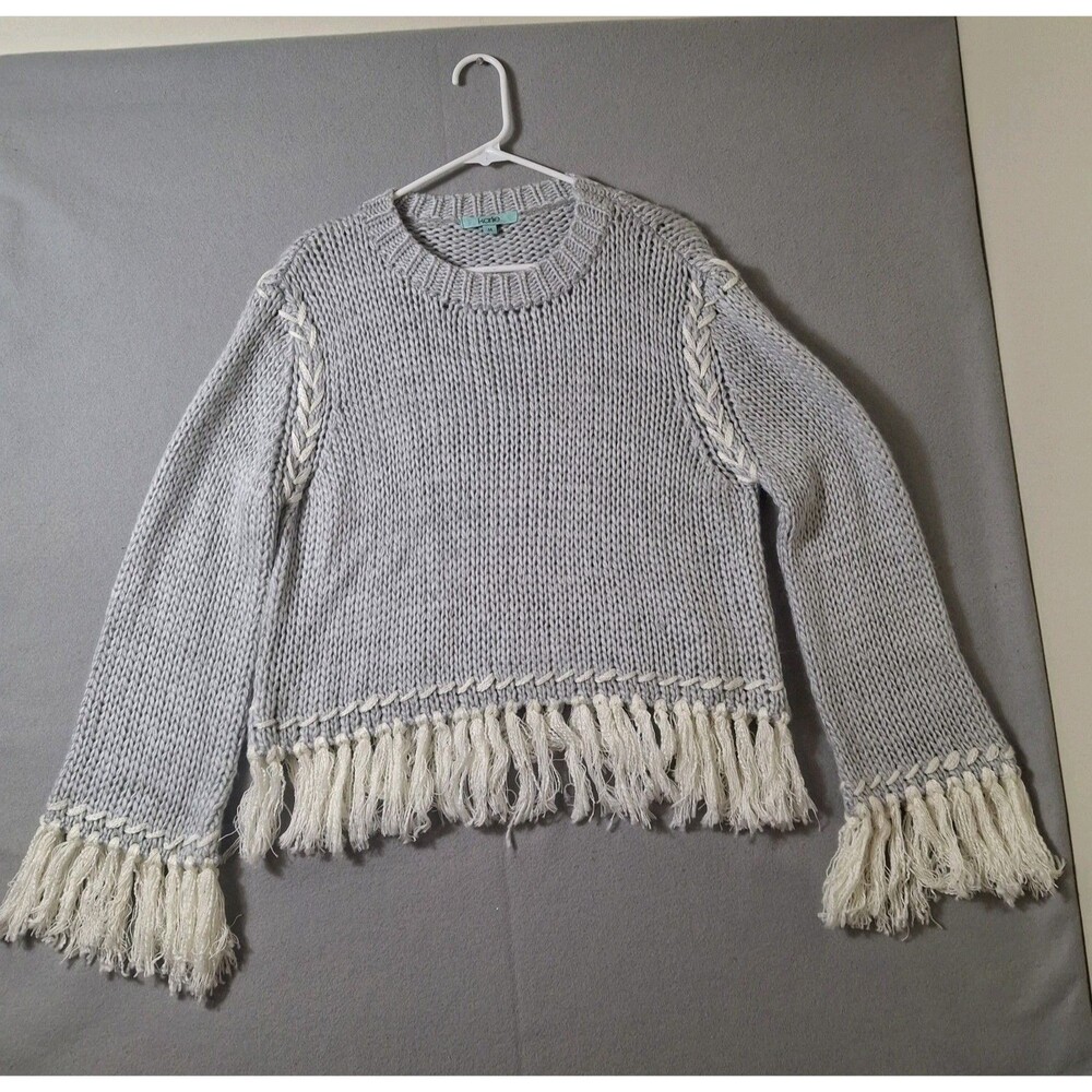 Karlie Gray Boho Chunky Knit Fringe Tassel Pullover Crewneck Sweater Women's Med